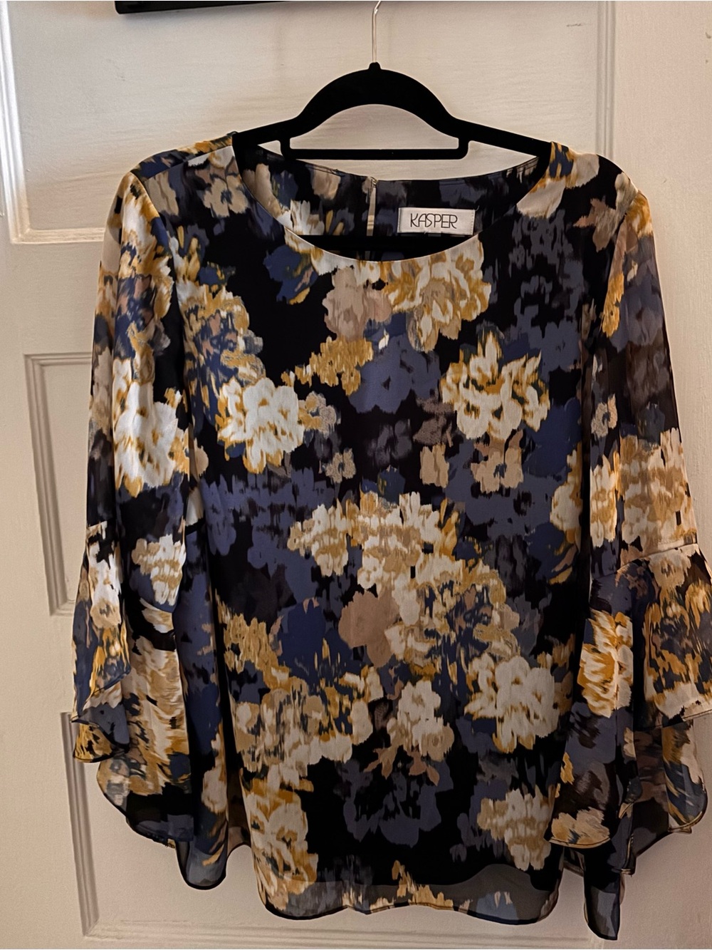 Kasper Floral Chiffon Blouse in Navy, Mustard and Cream